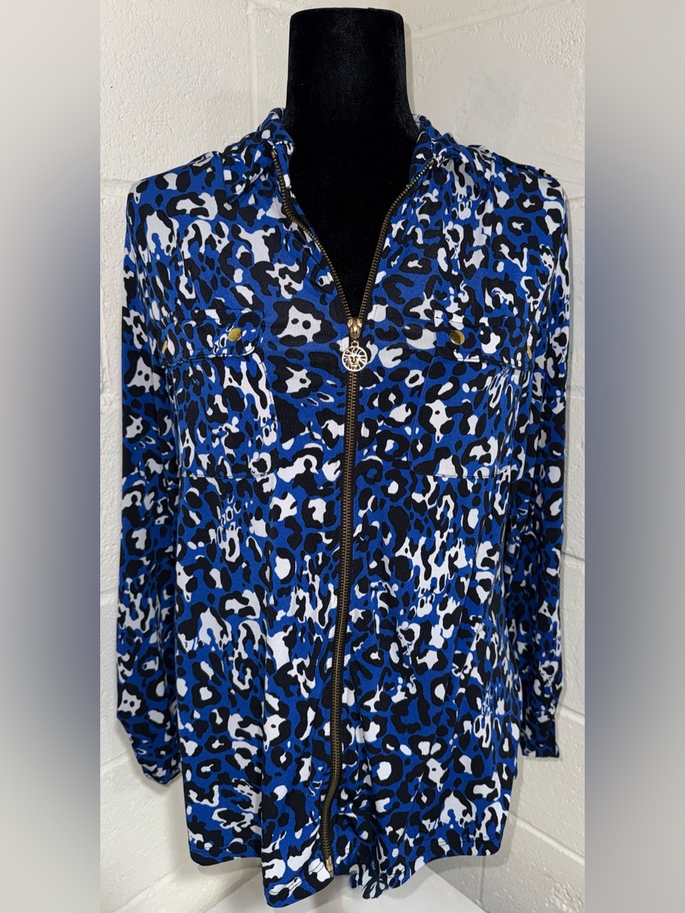 Anne Klein Blue Leopard Print Full Zip Long Sleeve Convertible Shirt L Large